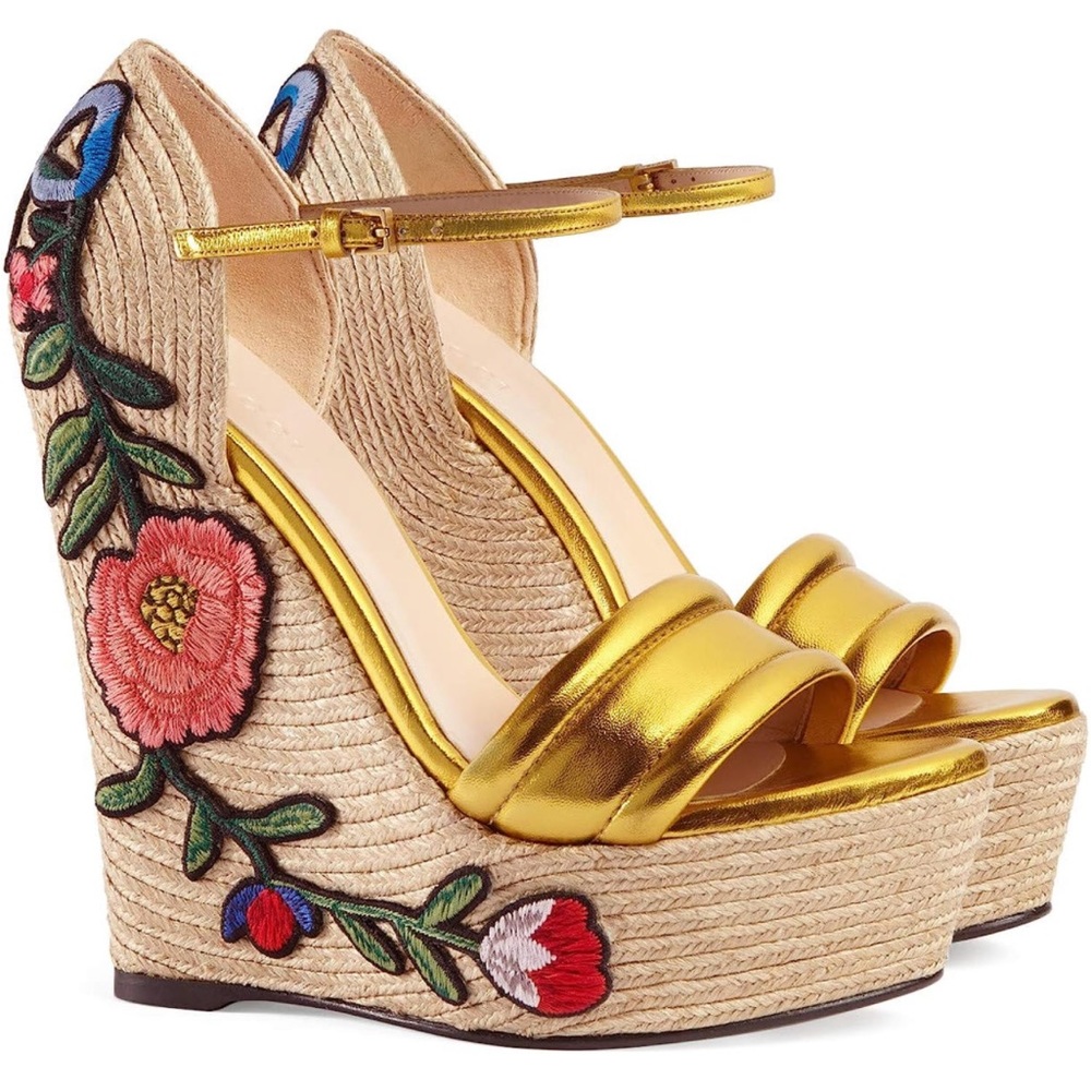 Gucci Women's Gold Leather Floral Embroidered Espadrille
Wedges Shoes